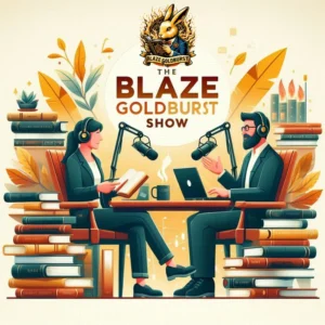 Podcaster interviewing author on Blaze Goldburst Show surrounded by books